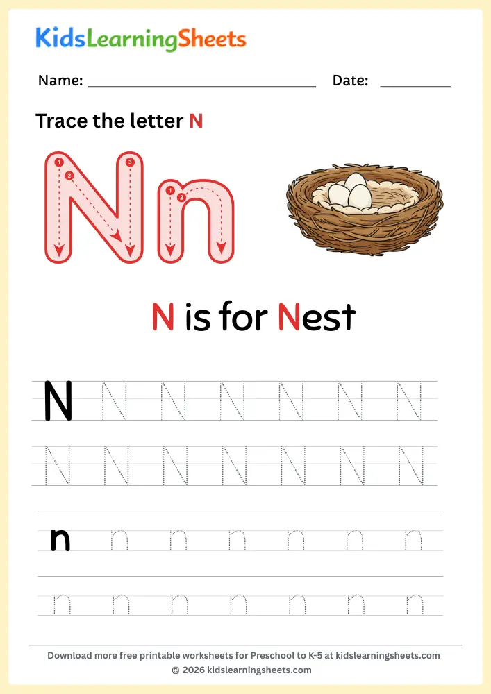 tracing letter N worksheet