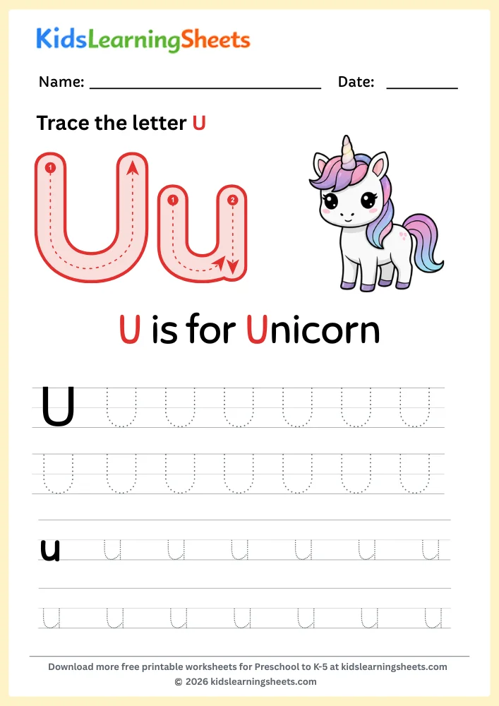tracing letter U worksheet